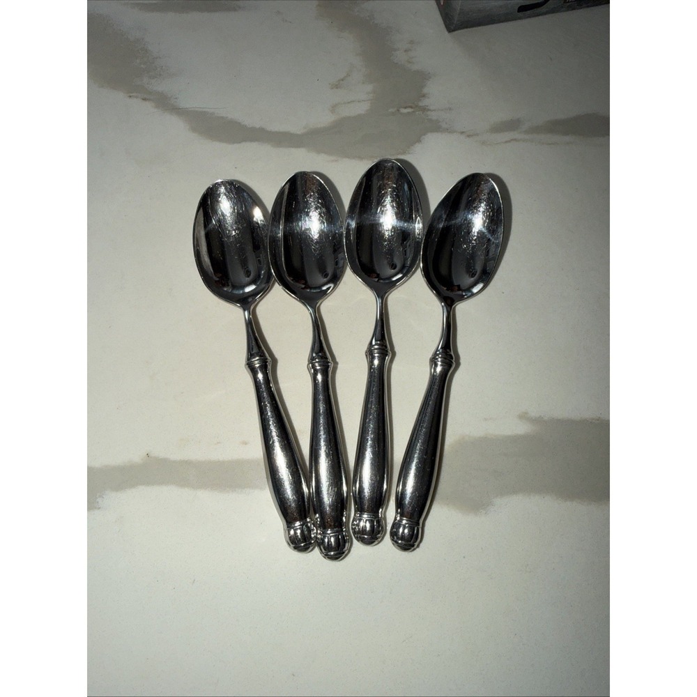 Set of 4 Stainless Steel Teaspoons Beaded Handle Round Tip Flatware Classic